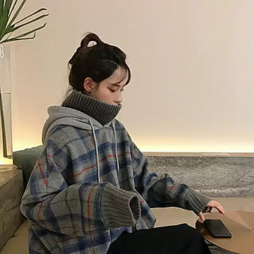 【在庫限り】チェック柄　ハイネック　プルオーバー パーカー  ストリートパーカー  オーバーサイズ k-pop hiphop レディースファッション
