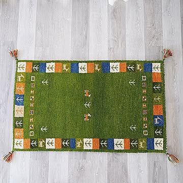 トシシミズ ハンドノット手織りギャッベ グリーン 70x120cm GH5139