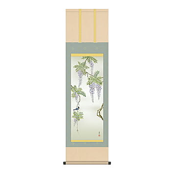 掛け軸 藤花に小鳥 西尾香悦 44.5x164cm 三幸