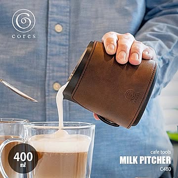 Cores コレス MILK PITCHER ミルクピッチャー C480 計量 400ml フォームミルク スチームミルク ラテアート ハンドルレス ステンレス 合成皮革カバー