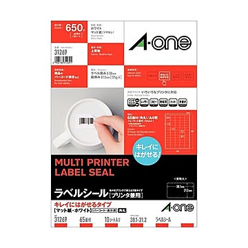 エーワン ラベルシール[プリンタ兼用]キレイにはがせるタイプ マット紙・ホワイト A4判 65面 38.1×21.2mm 四辺余白付 角丸 312691冊(10シート)  【×30セット】