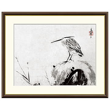 額絵 岩に五位鷺図 雪舟 61x49.5cm 三幸