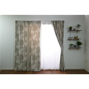 遮光カーテン/柄物カーテン 【幅100cm×丈135cm グレー 1枚入り】 遮光2級 タッセル付き 形状記憶加工 『ハナカザリ』【代引不可】