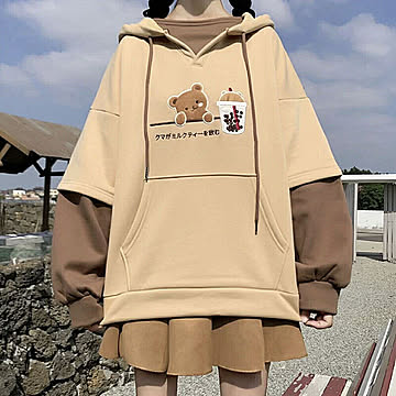 【在庫限り】パーカー クマがミルクティーを飲む フリーサイズ フード付き 韓国ファッション テディベア クマさん 熊 bear