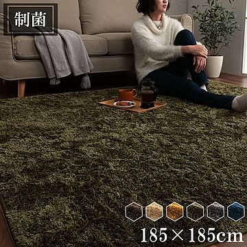 ラグ 正方形 シャギー 長毛 コンパクト 滑りにくい加工 制菌加工 洗える オールシーズン グリーン 約2畳 約185×185cm 床暖房 ホットカーペット対応【グリーン】