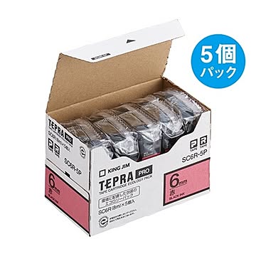 テプラ PROテープカートリッジ カラーラベル「パステル」 6mm 赤（黒文字） 5個入エコパック
