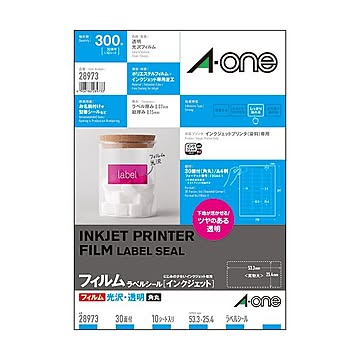 まとめエーワン ラベルシール[インクジェット]光沢フィルム・透明 A4 30面 53.3×25.4mm 28973 1冊10シート ×3セット