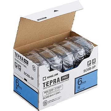 テプラ PROテープカートリッジ カラーラベル「パステル」 6mm 青（黒文字） 5個入エコパック