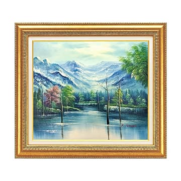 迫力ある大きい油絵 豪華な金のフレーム・自然画 高木タケシ油絵額 F10号サイズ 金額 「自然の調和」