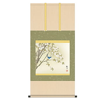掛け軸 桜花に小鳥 森山観月 54.5x115cm 三幸