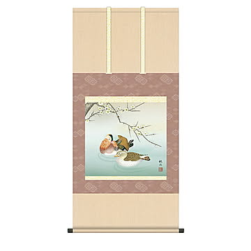掛け軸 梅に鴛鴦 浮田秋水 54.5x115cm 三幸