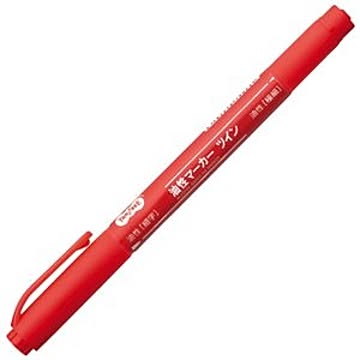 （まとめ） TANOSEE キャップ式油性マーカー ツイン 細字+極細 赤 1セット（10本） 【×10セット】