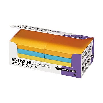 (まとめ) 3M ポストイット エコノパック 強粘着ノート 75×75mm ネオンカラー5色 6541SS-NE 1パック（10冊）  【×5セット】