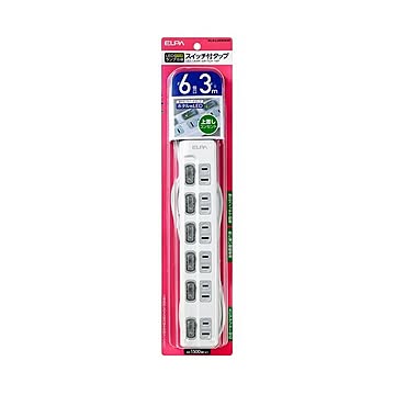 （まとめ） ELPA スイッチ付タップ LEDランプ 上挿し 6個口 3m WLS-LU63EB（W） 【×5セット】
