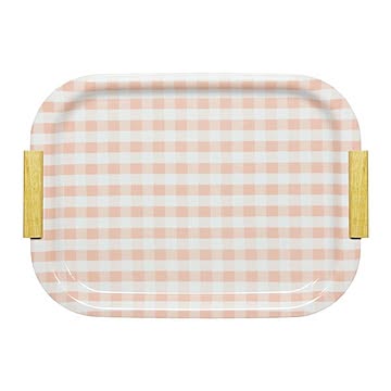 お盆/トレー M ミルキーチェック ピンク 約幅380mm 防滑加工 木製取っ手付き NSトレー 〔お家 カフェ 店舗〕