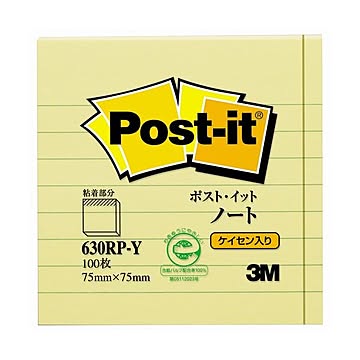 (まとめ) 3M ポストイット ノート 再生紙スタンダードカラー 75×75mm イエロー（罫線入） 630RP-Y 1冊  【×30セット】