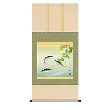 掛け軸 楓に鮎 長江桂舟 54.5x115cm 三幸