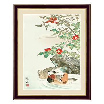 アート 額絵 鴛鴦に椿 長江 桂舟 本紙サイズ F4(約31x23cm) 額サイズ 42x34cm 三幸