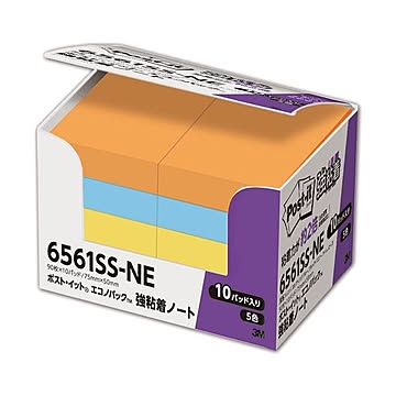 (まとめ) 3M ポスト・イット 強粘着エコノパック ノート 75×50mm ネオンカラー 5色混色 6561SS-NE 1パック（10冊）  【×10セット】