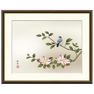 額絵 山茶花に小鳥 田村竹世 52x42cm 三幸