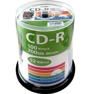 デ‐タ用CD-Rメディア52倍速　レーベル ワイドタイプ プリンタブル白100枚スピンドル 5個セット　HDCR80GP100-5P