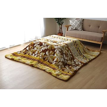 レトロ柄 撥水 こたつ布団 単品 【ブラウン 約190×190cm】 正方形 リーフ柄 洗える 抗菌防臭【代引不可】