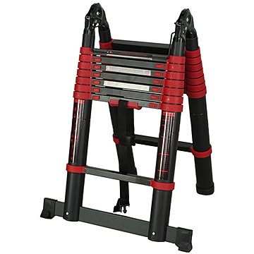 ステップ 幅67.5×奥行17×長さ92?243cm ブラック×レッド 自動安全ロック 防滑 アルミ はしご 兼用 脚立 コンパクト 作業 掃除