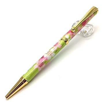 日本製 美濃和紙（友禅紙） ハンドメイドボールペン 桜と流水／黄緑色