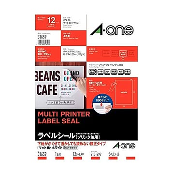 (まとめ) エーワン ラベルシール(プリンター兼用) 下地がかくせて透かしても読めない修正タイプ マット紙・ホワイト A4 ノーカット 31659 1冊(12シート)  【×10セット】