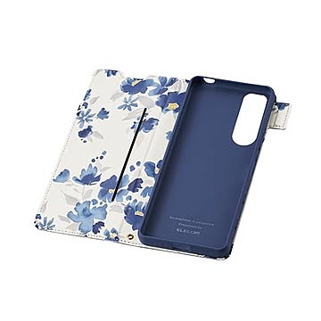 エレコム Xperia 5 III ケース カバー レザー 手帳 フラップ 花柄 マグネット ストラップホール付 ネイビー PM-X214PLFUJNV