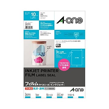 (まとめ) エーワン ラベルシール(インクジェット) 光沢フィルム・透明 A4 ノーカット 28791 1冊(10シート)  【×10セット】