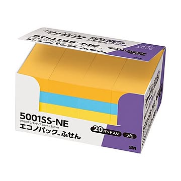 (まとめ) 3M ポストイット エコノパック 強粘着ふせん 75×25mm ネオンカラー5色 5001SS-NE 1パック（20冊）  【×5セット】