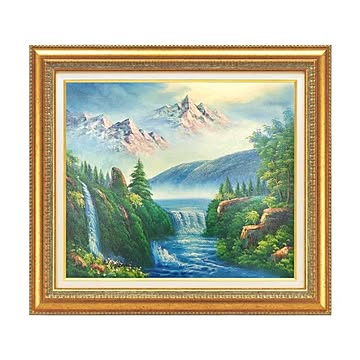 迫力ある大きい油絵 豪華な金のフレーム・自然画 グリーン油絵額 F10号サイズ 金額 「大自然の恵」