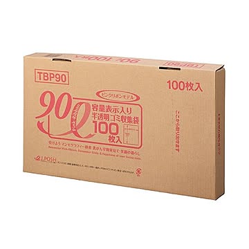 （まとめ）ジャパックス 容量表示入りゴミ袋ピンクリボンモデル 乳白半透明 90L BOXタイプ TBP90 1箱（100枚）【×2セット】