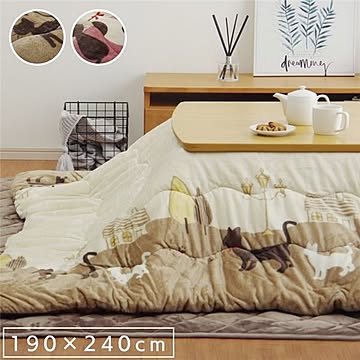 猫柄 こたつ布団/こたつ掛け布団 【ピンク 約190×240cm】 長方形 洗える 保温性 フランネル 〔リビング ダイニング〕【代引不可】