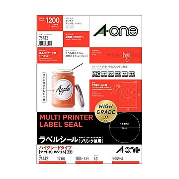 エーワン ラベルシール[プリンタ兼用]ハイグレードタイプ マット紙・ホワイト A4 12面 丸型60mm 76412 1冊（100シート）