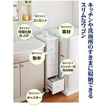 スリムワゴン完成品（キャスターと取っ手のみお客様取付け）　組立不要　キャスター付き　鏡面ホワイト　隙間収納ワゴン