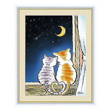 アート 額絵 三日月夜のねこ 千春 本紙サイズ F6(約40x30cm) 額サイズ 52x42cm 三幸