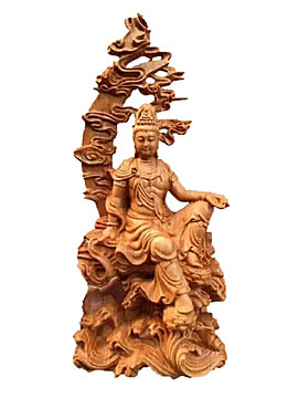 三日月 雲 観音像 観音菩薩 立像 木彫り 仏像 置物 仏壇 仏像 高級天然 ツゲ木彫り 唐草光背  風水 金運 プレゼント 贈り物