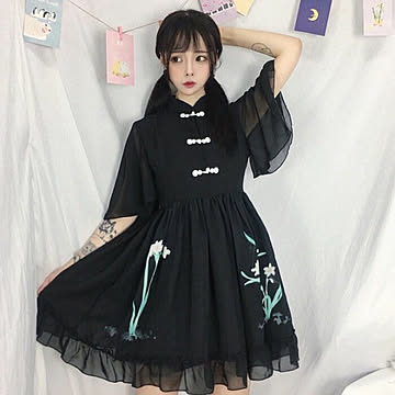 中国ロリ 水仙 ワンピース ドレス 花柄 オリエンタル 和風