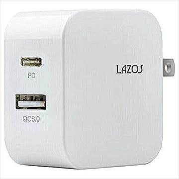 10個セット Lazos AC充電器　2口　C(PD)+Aポート　18W L-AC-CAX10 管理No. 4589452997183