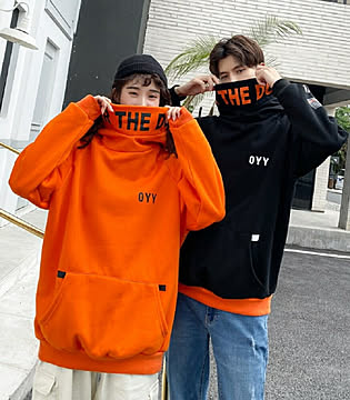 パーカー OYYビッグフードパーカー ブラックorオレンジ 韓国ファッション パーカー おしゃれ 服 フード付き ペア カップル 服 メンズ レディース ユニセックス お揃い
