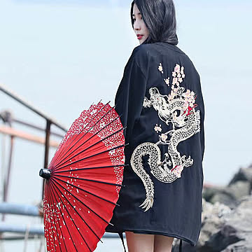 昇龍と桜 刺繍 昇竜 ドラゴン ポケット付き さくら 半纏 はんてん 法被 ハッピ 長半纏