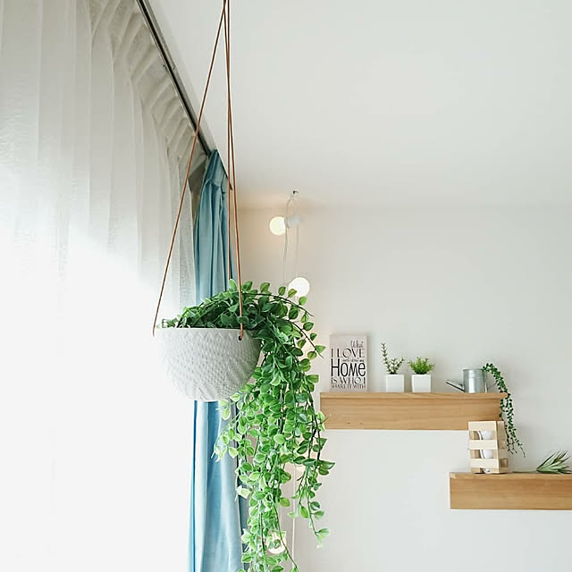 窓周り,リビングの窓,ソストレーネグレーネ,鉢,ハンギング,ニトリのフェイクグリーン,マンション,マンションインテリア,ディスプレイ,リビングインテリア,ニトリのウォールシェルフ,いいね、フォロー本当に感謝です♡,ストリングライト,間接照明,グリーンのある暮らし,My Shelf tttbbbの部屋