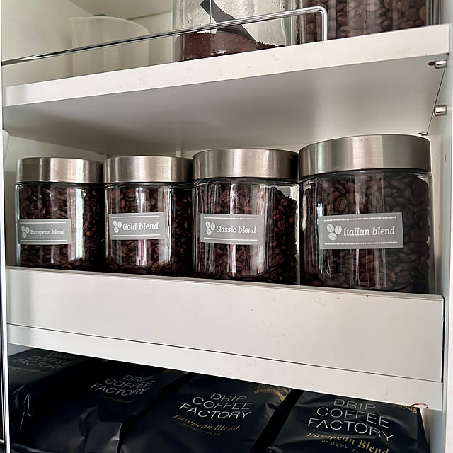Kitchen,コーヒー豆ラベル,隙間収納 ワゴン,隙間収納ラック,冷蔵庫横収納,冷蔵庫横スペース,ラベル,ラベリング,brother,ピータッチキューブ,ホテルライク yukikoの部屋