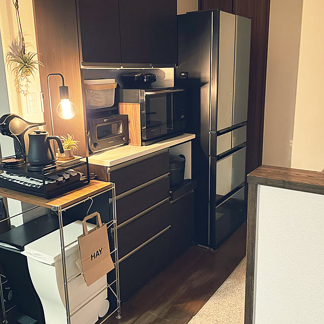 Kitchen,ニトリ,バルミューダ,コーヒーメーカー,ブラック家電,冷蔵庫,レンジ台,照明,トヴェールハンド,IKEA,insta→tansuke0323,無印良品 tansukeの部屋