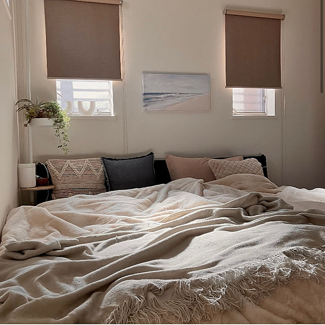 Bedroom,アジア工房,ELEMENTS,アートパネル,西川の毛布,西川ふとん,ベージュ×水色,ベージュ×ブルー,ホワイトビーチ,寝室,新生活 mako2yaaの部屋