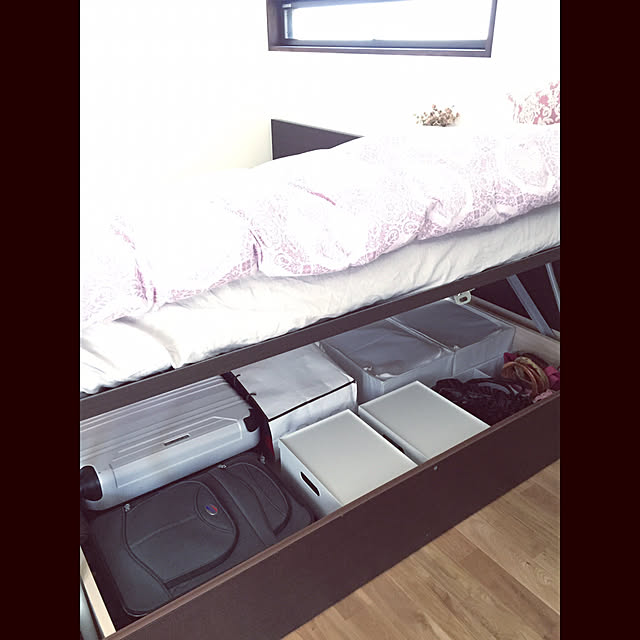 無印良品,収納ケース,STUK,IKEA,スーツケース,収納付きベッド,シングル＋セミダブル,整理収納,リフトアップベッド,イベント参加,収納,Bedroom,フランフラン,ピンク×グレー,東京ベッド usuririの部屋