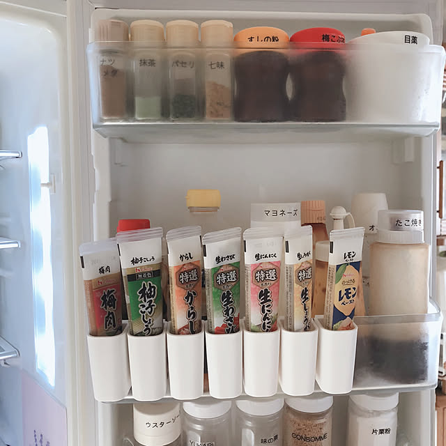 Kitchen,スライド出来る,薬味チューブ収納,冷蔵庫ドアポケット,冷蔵庫収納,冷蔵庫,吊り下げ収納,テプラでラベリング,冷蔵庫の中 katoponの部屋
