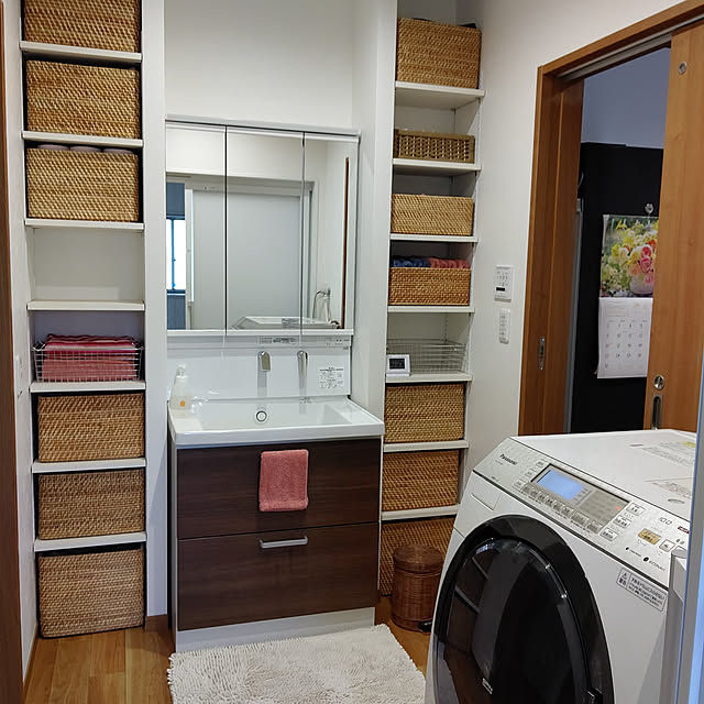 Bathroom,無印良品,TOTO 洗面台,パナソニック洗濯乾燥機,今治タオル,エアカオル,無印良品 ラタンボックス,ニトリ,脱衣所,脱衣所可動棚,脱衣所&洗面所&ランドリー,脱衣所の収納スペース,いいねありがとうございます❤️,かご収納 boutique.masayoの部屋